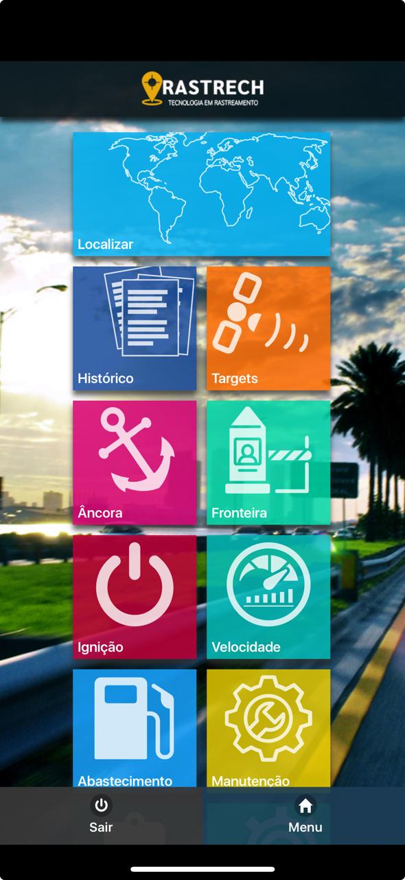 Tela inicial do aplicativo Rastrech com os menus Localizar, Histórico, Targets, Âncora, Fronteira, Ignição, Velocidade, Abastecimento e Manutenção