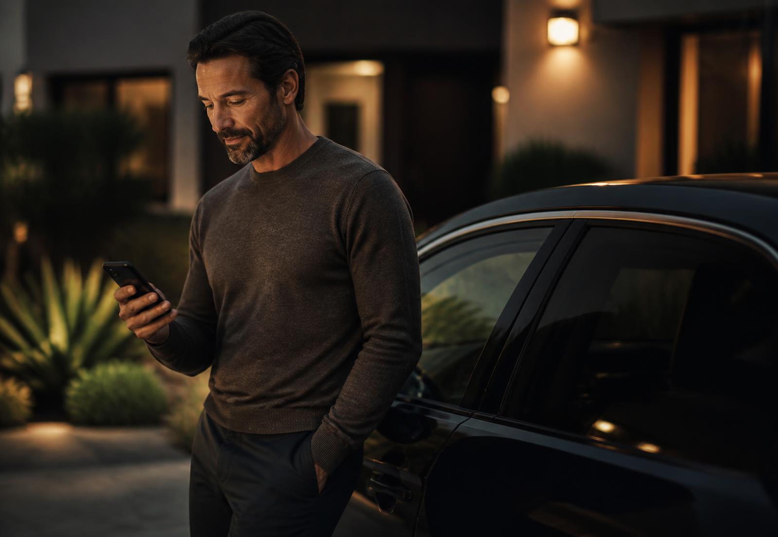 Homem tranquilo consultando o celular ao lado do carro na entrada de casa ao entardecer